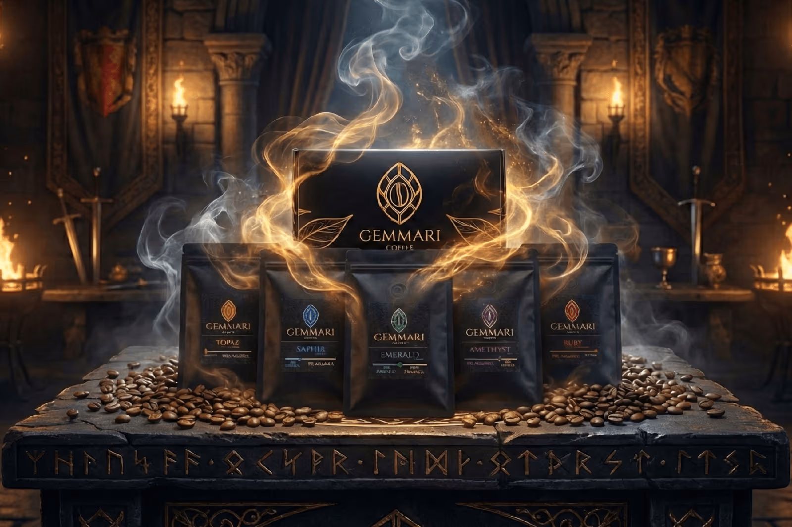 Coffret découverte Gemmari Dark avec cinq sachets de café en grains