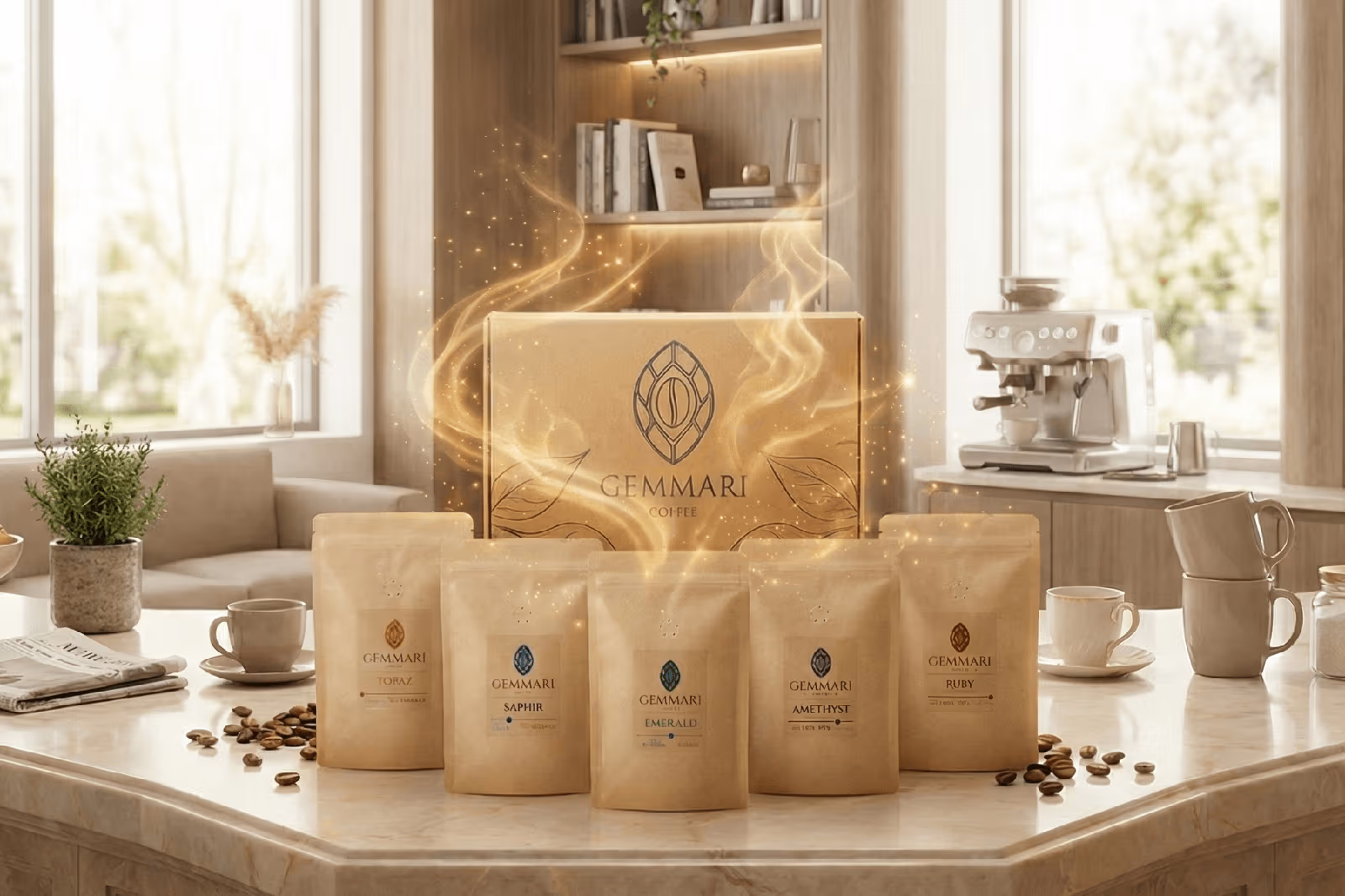 Coffret découverte Gemmari Light avec cinq sachets de café en grains